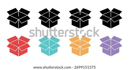 Isolated vector illustration showing a set of carton boxes. They are represented in different colors and have open flaps, arranged in a grid pattern on white background.