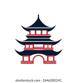 Isolated vector illustration showing a simplified, three-story Japanese pagoda. Its roofs are dark blue, and accents