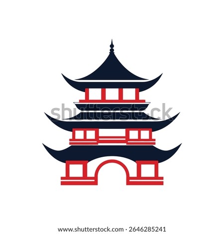 Isolated vector illustration showing a simplified, three-story Japanese pagoda. Its roofs are dark blue, and accents