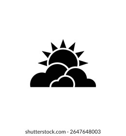 An isolated vector illustration shows a black sun with triangular rays emerging from behind three puffy clouds, against a stark white background; weather icon.