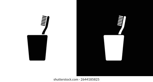 Isolated vector illustration shows a toothbrush in a glass cup in black on white and white on black background. Dental care, hygiene, and morning routine design.