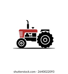 Isolated vector illustration of a side-view tractor, featuring red engine section and black wheels. Vintage farm machinery graphic in a minimal style.
