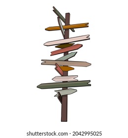 Isolated vector illustration signs, direction. Pole with pointers blank for designer, logo, icon, frame, empty space for inscription, mocap