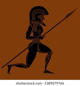 Isolated vector illustration. Silhouette of ancient Greek warrior holding a spear.