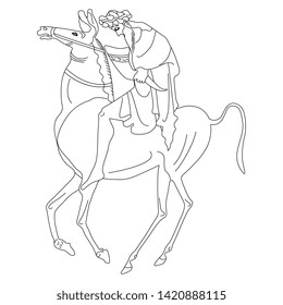 Isolated vector illustration. Silhouette of ancient Greek rider. God Dionysus riding a horse. Vase painting motif. Black and white linear silhouette.