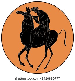 Isolated vector illustration. Silhouette of ancient Greek rider in a circle. God Dionysus riding a horse. Vase painting motif.
