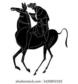 Isolated vector illustration. Silhouette of ancient Greek rider. God Dionysus riding a horse. Vase painting motif. Black and white linear silhouette.