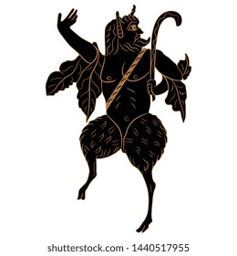 Isolated vector illustration. Silhouette of ancient Greek satyr or god Pan. Fantastic mythological creature. Antique Coptic motif.