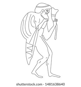 Isolated vector illustration. Silhouette of ancient Greek man with rhyton. Black and white linear silhouette.