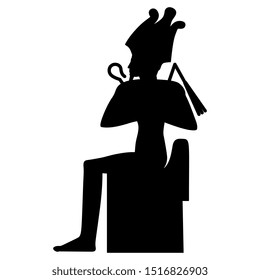 Isolated vector illustration. Silhouette of ancient Egyptian god Osiris sitting on throne.