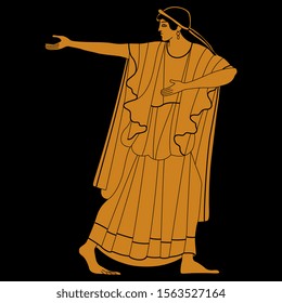 Isolated vector illustration. Silhouette of ancient Greek woman in long dress with pointing arm. Vase painting style. On black background.