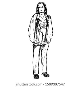 Isolated vector illustration. Silhouette of a beautiful standing young woman in pants, sweater and jacket. Casual wear. Hand drawn linear doodle sketch. Black and white silhouette.