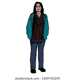 Isolated vector illustration. Silhouette of a beautiful standing young woman in pants, sweater and jacket. Casual wear. Hand drawn colorful sketch. 