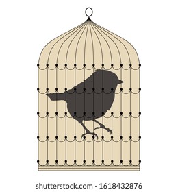 Isolated vector illustration. Silhouette of a bird in birdcage. Freedom and captivity.