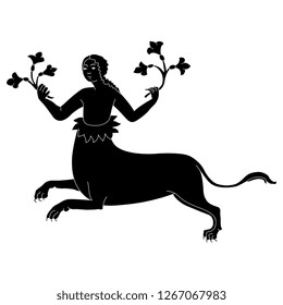 Isolated vector illustration. Silhouette of fantastic creature. Female feline centaur holding two flowers. Medieval motif. Black and white linear silhouette.