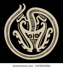 Isolated vector illustration. Silhouette of fantastic mythological animal or monster with long tail. Native American tribal motif from ancient Panama.