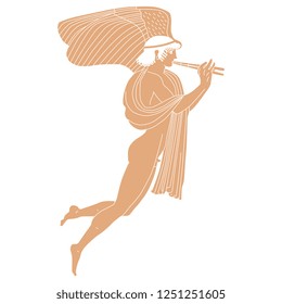 Isolated vector illustration. Silhouette of flying ancient Greek winged god of love Eros playing the flute.