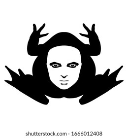 Isolated vector illustration. Silhouette of a frog or toad with female face on back. Black and white silhouette. Creative concept.