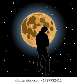 Isolated vector illustration. Silhouette of lonely standing man looking at full moon. Creative romantic concept.