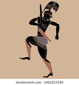 Isolated vector illustration. Silhouette of marching ancient Greek warrior. Vase painting style.
