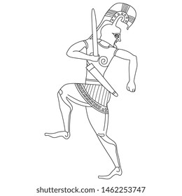 Isolated vector illustration. Silhouette of marching ancient Greek warrior. Black and white linear silhouette.