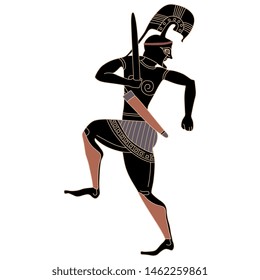 Isolated vector illustration. Silhouette of marching ancient Greek warrior. Vase painting style.