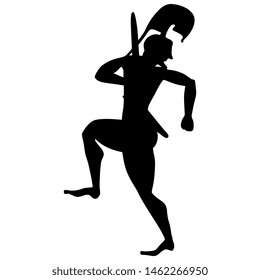 Isolated vector illustration. Silhouette of marching ancient Greek warrior.
