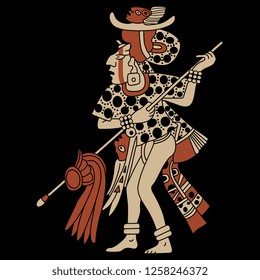 Isolated vector illustration. Silhouette of a Mayan priest. Ancient tribal motif. Cartoon style. On black background.