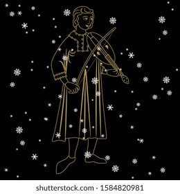 Isolated vector illustration. Silhouette of medieval young man playing violin under snowflakes. Vintage Christmas motif.
