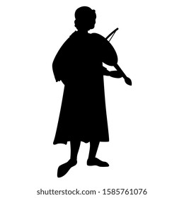 Isolated vector illustration. Silhouette of medieval young man playing violin.