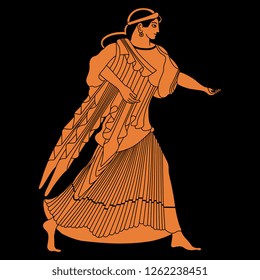 Isolated vector illustration. Silhouette of running ancient Greek girl. Vase painting motif. On black background.