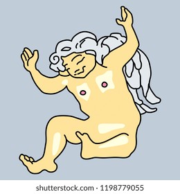 Isolated vector illustration. Silhouette of a seated winged baby angel or cupid.