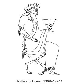 Isolated vector illustration. Silhouette of a seated ancient Greek god Dionysus holding a cup of wine. Ethnic style. Hand drawn linear doodle sketch. Black silhouette on white background.