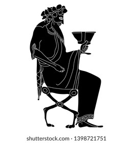 Isolated vector illustration. Silhouette of a seated ancient Greek god Dionysus holding a cup of wine. Vase painting motif. Ethnic style. Black and white linear silhouette.