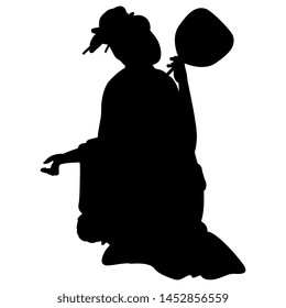Isolated vector illustration. Silhouette of a sitting Japanese girl holding a fan or mirror.