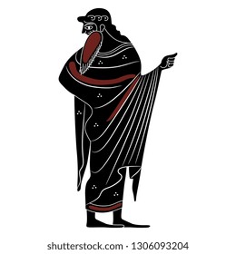 Isolated vector illustration. Silhouette of a standing bearded ancient Greek man or god. Vase painting style.
