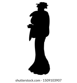 Isolated vector illustration. Silhouette of standing Japanese woman in kimono.