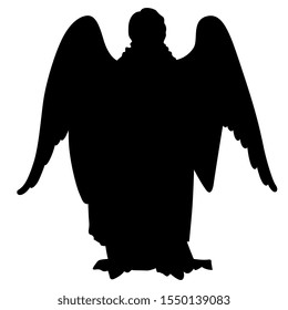 Isolated vector illustration. Silhouette of standing vintage angel in long dress.