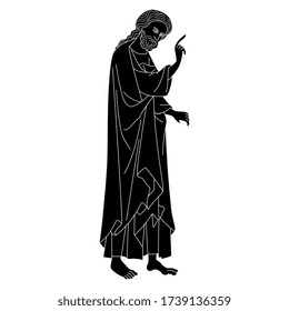 Isolierte Vektorgrafik. Silhouette des stehenden christlichen Heiligen mit Zeigegegesten. Jesus Christus Ikone. Mittelalterliche Kunst. Illuminierte Manuskripte Dekoration. Schwarz-Weiß-Silhouette.