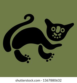 Isolated vector illustration. Silhouette of stylized funny cat. Ancient Peruvian ethnic motif.