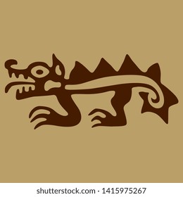 Isolated vector illustration. Silhouette of stylized fantastic animal. Dragon, crocodile or caiman. Ancient Peruvian tribal motif of Mochica Indians.