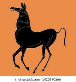 Isolated vector illustration. Silhouette of a stylized horse. Ancient Greek vase painting motif.