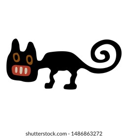 Isolated vector illustration. Silhouette of stylized funny cat with open mouth. Ancient Peruvian folk motif of Nazca Indians.