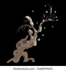 
Isolated vector illustration. Silhouette of stylized bare deciduous tree in winter under snow and snowflakes. On black background.