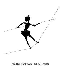 Isolated vector illustration. Silhouette of a young girl tightrope walker.