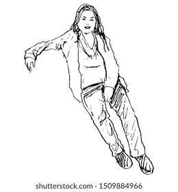 Isolated vector illustration. Silhouette of a young smiling woman in casual clothing seating in reclining pose. Hand drawn linear doodle black and white sketch.