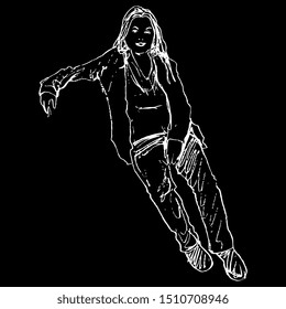 Isolated vector illustration. Silhouette of a young smiling woman in casual clothing seating in reclining pose. Hand drawn linear sketch. White silhouette on black background.