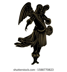 Isolated vector illustration. Silhouetted baroque angel. Winged male character.