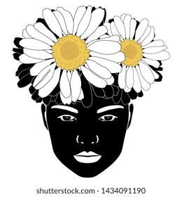 Isolated vector illustration. Silhouetted black and white female face with daisy or chamomile hairdo.