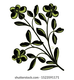 Isolated vector illustration. Silhouetted branch with leaves and flowers. Vintage floral motif.